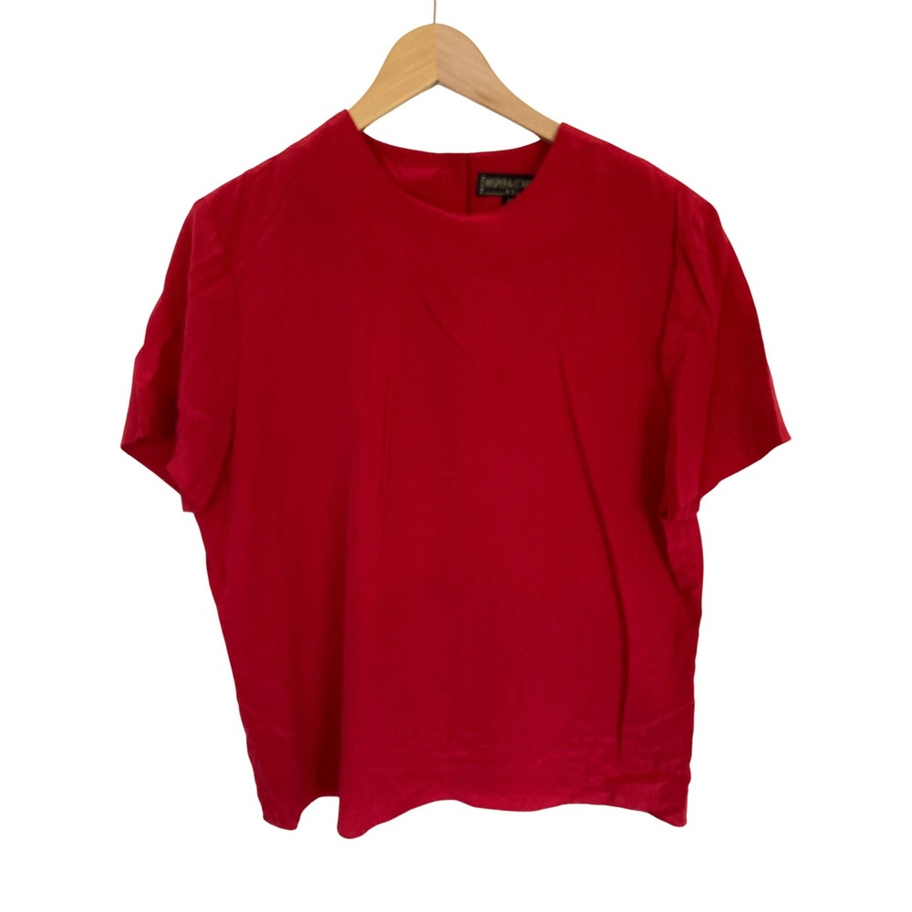 Kasper & Company ASL Red 100% Silk Short Sleeve Button Back Blouse Petite 12P